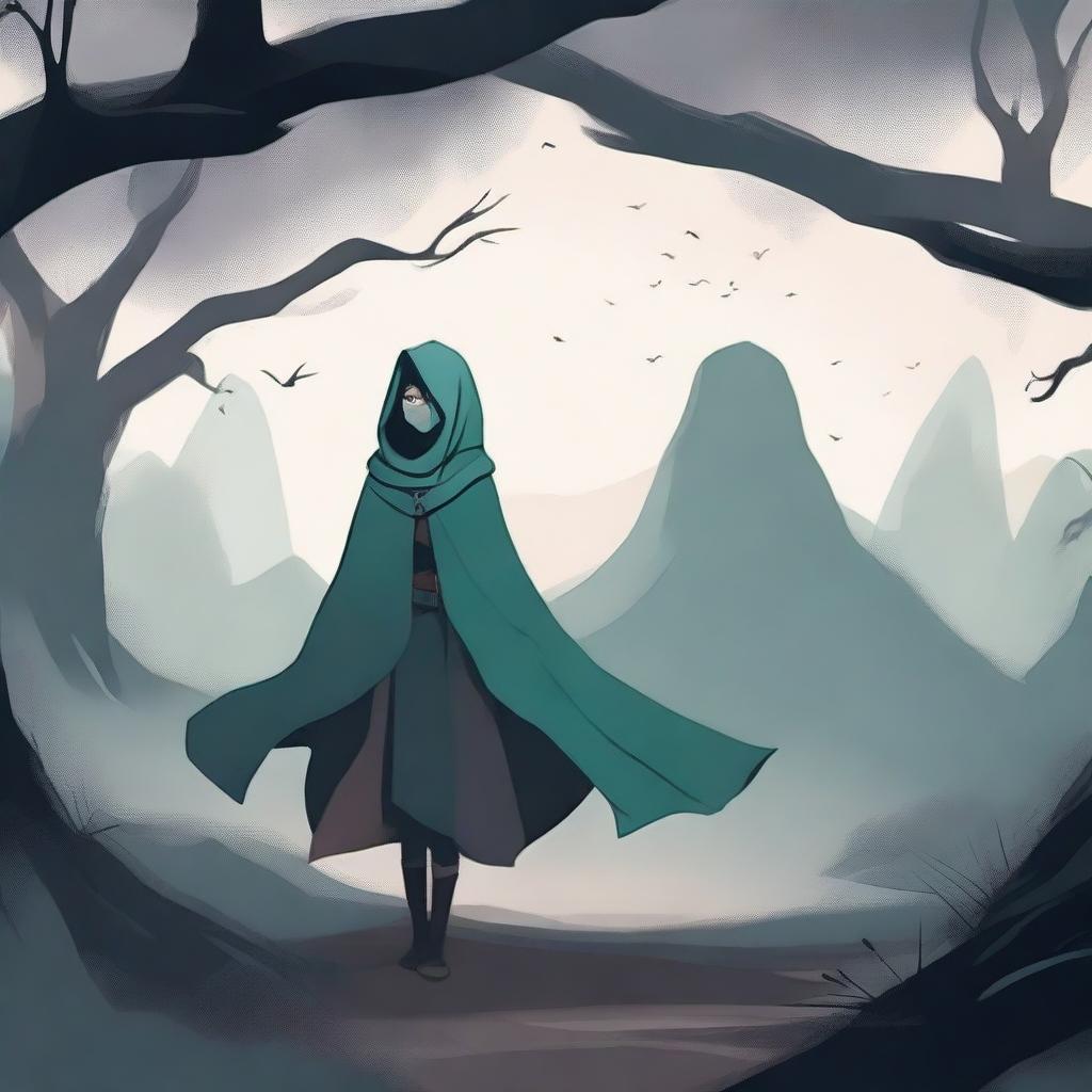 Lyra the Wanderer, a mysterious traveler, stands at a crossroads with a cloak that partially hides her face