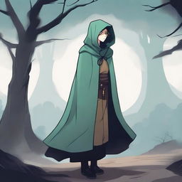 Lyra the Wanderer, a mysterious traveler, stands at a crossroads with a cloak that partially hides her face