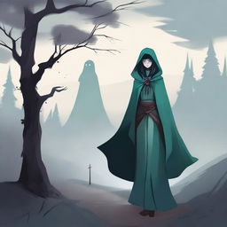 Lyra the Wanderer, a mysterious traveler, stands at a crossroads with a cloak that partially hides her face