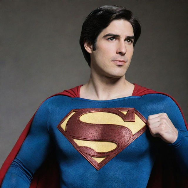 Actor Brandon Routh in the iconic Superman costume, striking a heroic pose