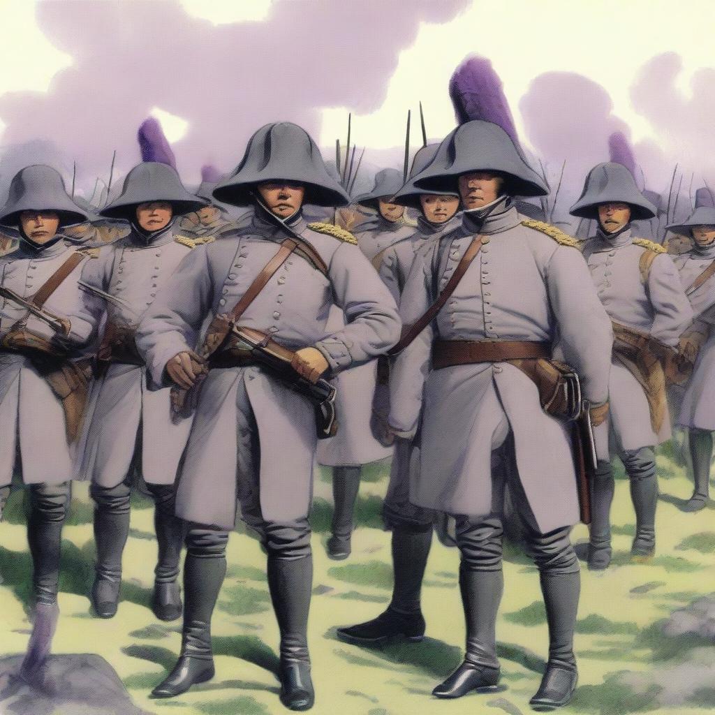 Illustration of a squadron of colonial infantry wearing grey coats with purple lining