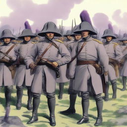 Illustration of a squadron of colonial infantry wearing grey coats with purple lining