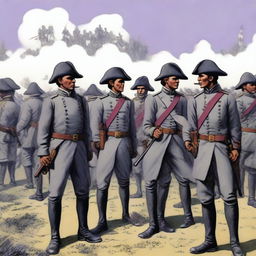 Illustration of a squadron of colonial infantry wearing grey coats with purple lining