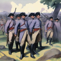 Illustration of a squadron of colonial infantry wearing grey coats with purple lining