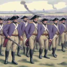 Illustration of a squadron of colonial infantry wearing grey coats with purple lining