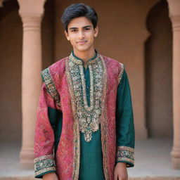 A tall and muscular Pakistani teenager standing with confidence in traditional clothing, displaying a vibrant mixture of cultural heritage and youthful energy.