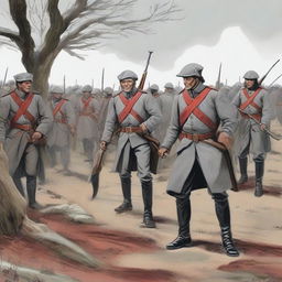 Illustration of a squadron of colonial infantry wearing grey coats lined with red