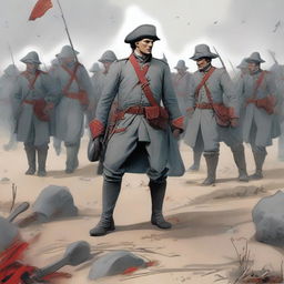 Illustration of a squadron of colonial infantry wearing grey coats lined with red