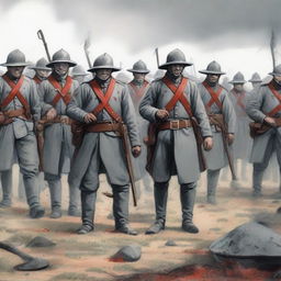 Illustration of a squadron of colonial infantry wearing grey coats lined with red