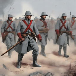 Illustration of a squadron of colonial infantry wearing grey coats lined with red