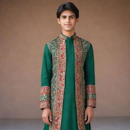 A tall and muscular Pakistani teenager standing with confidence in traditional clothing, displaying a vibrant mixture of cultural heritage and youthful energy.