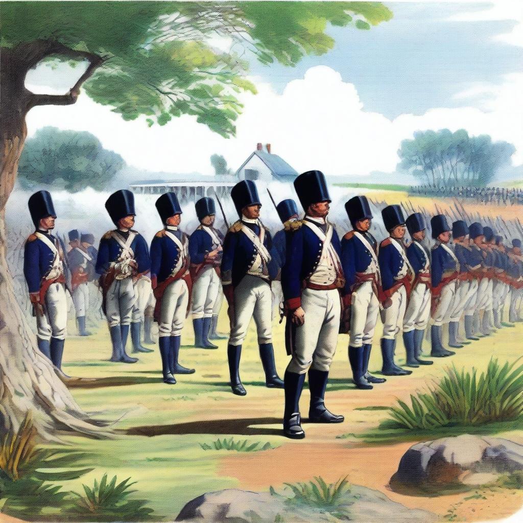 Illustration of a squadron of colonial infantry wearing bluecoats in line formation with their rifles