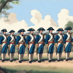 Illustration of a squadron of colonial infantry wearing bluecoats in line formation with their rifles