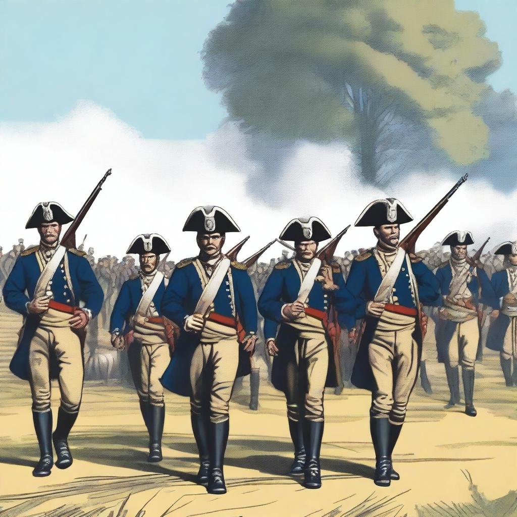 Illustration of a squadron of colonial infantry wearing bluecoats in line formation with their rifles