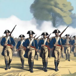 Illustration of a squadron of colonial infantry wearing bluecoats in line formation with their rifles