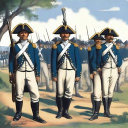 Illustration of a squadron of colonial infantry wearing bluecoats in line formation with their rifles