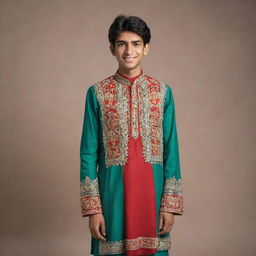 A tall and muscular Pakistani teenager standing with confidence in traditional clothing, displaying a vibrant mixture of cultural heritage and youthful energy.