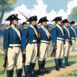 Illustration of a squadron of colonial infantry wearing bluecoats in line formation with their rifles