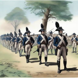 Illustration of a squadron of colonial infantry wearing bluecoats in line formation with their rifles