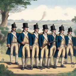 Illustration of a squadron of colonial infantry wearing bluecoats in line formation with their rifles