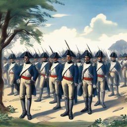 Illustration of a squadron of colonial infantry wearing bluecoats in line formation with their rifles