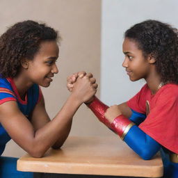 A scene of a confident black teenage girl besting Supergirl in a friendly arm wrestling match