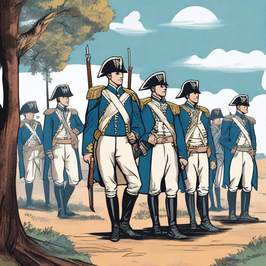 Illustration of a squadron of colonial infantry wearing bluecoats in line formation with their rifles