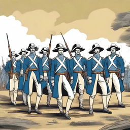 Illustration of a squadron of colonial infantry wearing bluecoats in line formation with their rifles