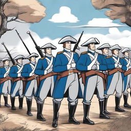 Illustration of a squadron of colonial infantry wearing bluecoats in line formation with their rifles