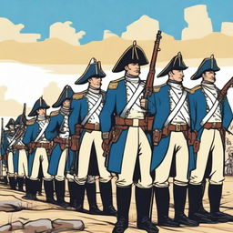 Illustration of a squadron of colonial infantry wearing bluecoats in line formation with their rifles