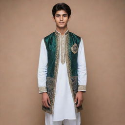 A tall and muscular Pakistani teenager standing with confidence in traditional clothing, displaying a vibrant mixture of cultural heritage and youthful energy.