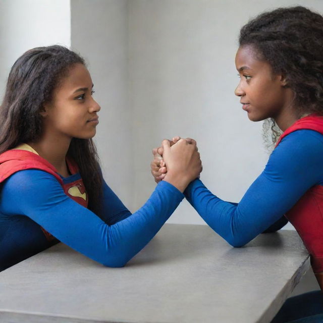 A scene of a confident black teenage girl besting Supergirl in a friendly arm wrestling match