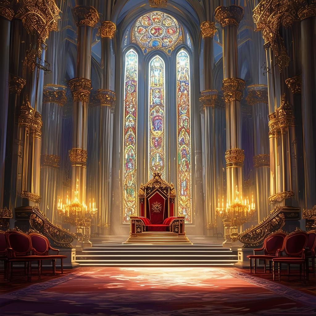 A grand royal throne room is depicted in a detailed digital painting for a fantasy novel cover, featuring opulent decorations, a majestic throne, stained glass windows, and an overall regal atmosphere