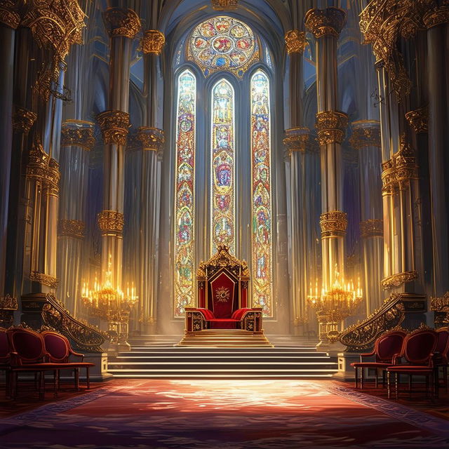 A grand royal throne room is depicted in a detailed digital painting for a fantasy novel cover, featuring opulent decorations, a majestic throne, stained glass windows, and an overall regal atmosphere