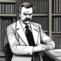 A detailed illustration of Friedrich Nietzsche holding a needle in his hand