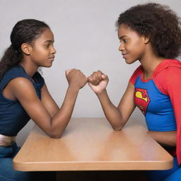 A scene of a confident black teenage girl besting Supergirl in a friendly arm wrestling match