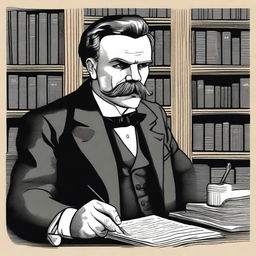 A detailed illustration of Friedrich Nietzsche holding a needle in his hand