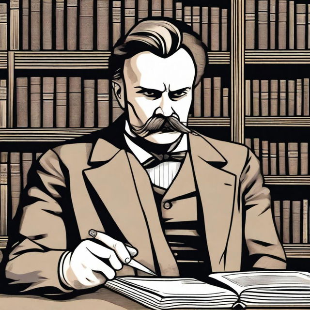 A detailed illustration of Friedrich Nietzsche holding a needle in his hand