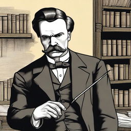 A detailed illustration of Friedrich Nietzsche holding a needle in his hand