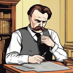 A detailed illustration of Friedrich Nietzsche using a needle to inject into his arm