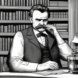 A detailed illustration of Friedrich Nietzsche using a needle to inject into his arm