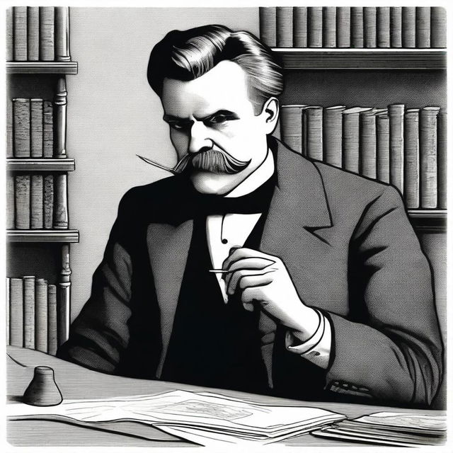 A detailed illustration of Friedrich Nietzsche using a needle to inject into his arm