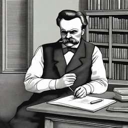 A detailed illustration of Friedrich Nietzsche using a needle to inject into his arm