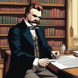 A detailed illustration of Friedrich Nietzsche injecting a vaccine into his upper arm