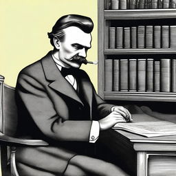 A detailed illustration of Friedrich Nietzsche injecting a vaccine into his upper arm