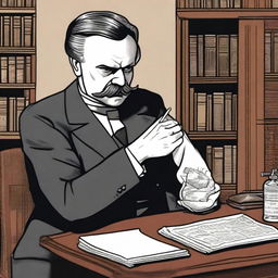 A detailed illustration of Friedrich Nietzsche injecting a vaccine into his upper arm