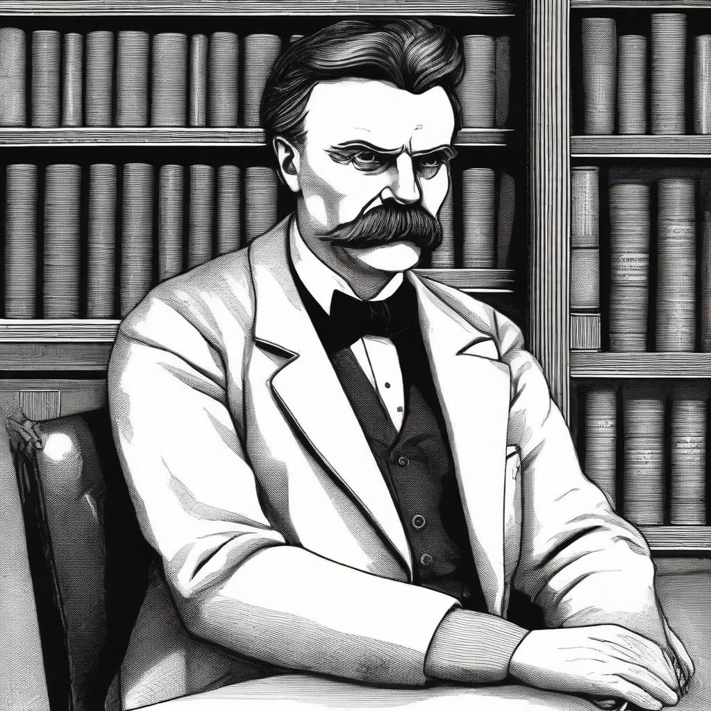 A detailed illustration of Friedrich Nietzsche with his sleeve rolled up, having a surgical needle in his upper arm