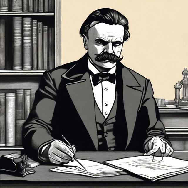 A detailed illustration of Friedrich Nietzsche with his sleeve rolled up, having a surgical needle in his upper arm