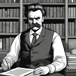 A detailed illustration of Friedrich Nietzsche with his sleeve rolled up, having a surgical needle in his upper arm