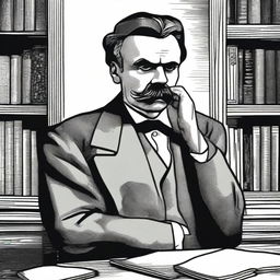 A detailed illustration of Friedrich Nietzsche with his sleeve rolled up, having a surgical needle in his upper arm